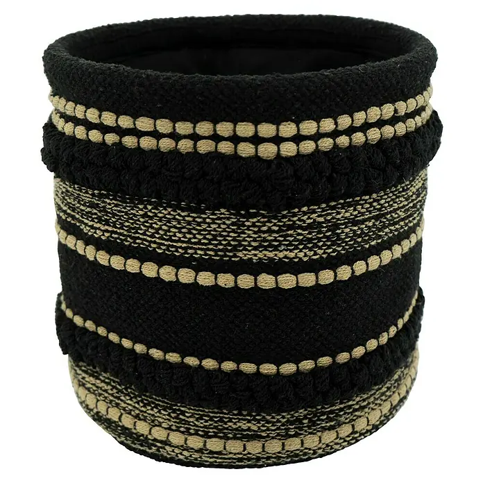 Korb Boho - Schwarz, Ø x H: 20 x 20 cm - Dekorativer schwarzer Übertopf mit stilvollen Zierbändern in Beige und Schwarz.