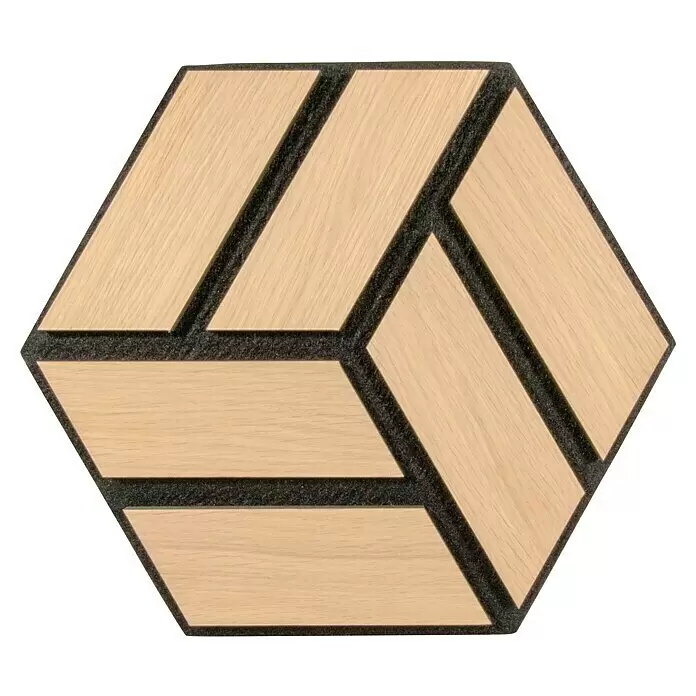 FN Neuhofer Akustikpaneel Acustico Hexago - Eiche natur, L x B x S: 260 x 300 x 19 mm, 2 Stk. - Sechseckige Holzfliese mit hellem Holz-Geometriemuster und dunkelgrauen Fugen.