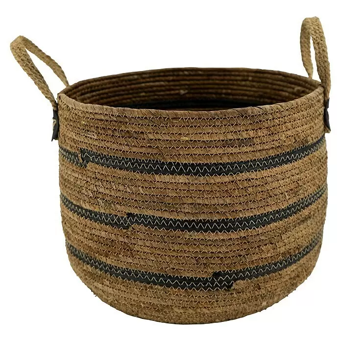 Korb Bananenblatt - Ø x H: 39 x 28,5 cm, Natur - Runde geflochtene Korbtasche aus Naturfasern mit dunklen Querstreifen und zwei Griffen.