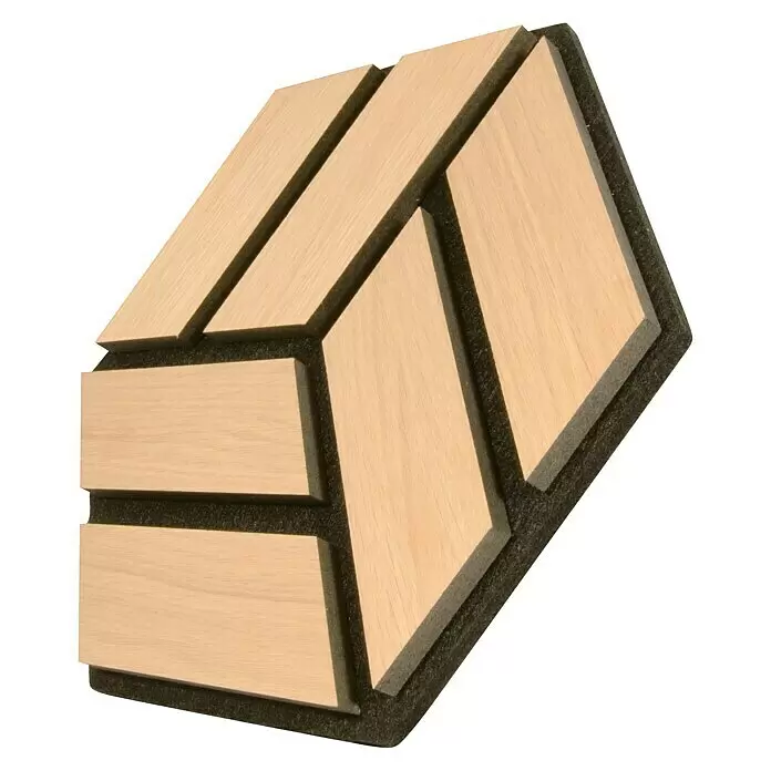 FN Neuhofer Akustikpaneel Acustico Hexago - Eiche natur, L x B x S: 260 x 300 x 19 mm, 2 Stk. - Geometrisches Akustikpaneel aus hellem Holz auf dunklem Schaumstoff zur Schallabsorption und -diffusion.