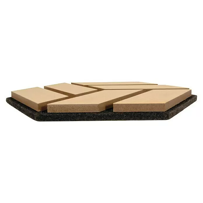 FN Neuhofer Akustikpaneel Acustico Hexago - Eiche natur, L x B x S: 260 x 300 x 19 mm, 2 Stk. - Hellbraune Holzpuzzleteile auf dunkler, strukturierter Unterlage angeordnet.
