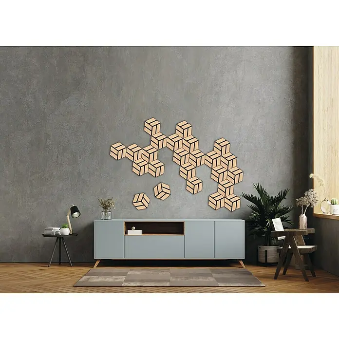 FN Neuhofer Akustikpaneel Acustico Hexago - Eiche natur, L x B x S: 260 x 300 x 19 mm, 2 Stk. - Wanddekor mit geometrischen Holzwürfeln.