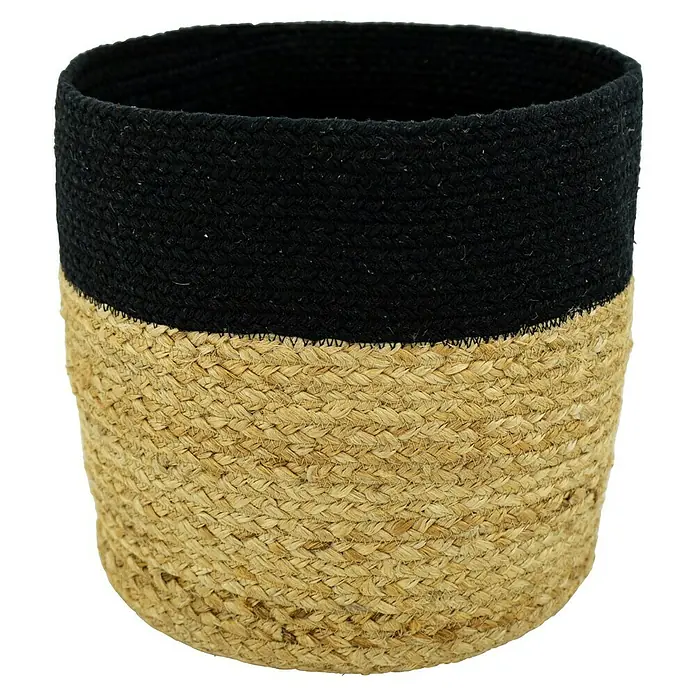 Korb - Natur/Schwarz, Ø x H: 20 x 20 cm - Nahaufnahme eines dekorativen Korbs mit schwarzem Oberteil und braunem, geflochtenem Unterteil, ideal für die Aufbewahrung oder als stilvolles Wohnaccessoire.