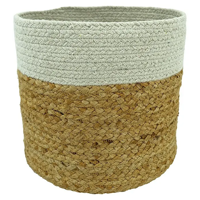 Korb - Natur/Weiß, Ø x H: 20 x 20 cm - Nahaufnahme eines Korbes aus geflochtenem Jute und Baumwolle, ideal für die Aufbewahrung im ganzen Haus, bietet natürliche Textur und stilvolle Optik.