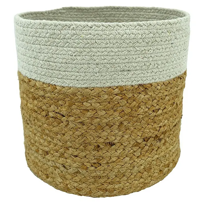 Korb - Natur/Weiß, Ø x H: 15 x 15 cm - Ein runder, zweifarbiger Korb aus Naturfasern, ideal für die Aufbewahrung und Dekoration. Der obere Teil ist hell, der untere Teil ist braun.