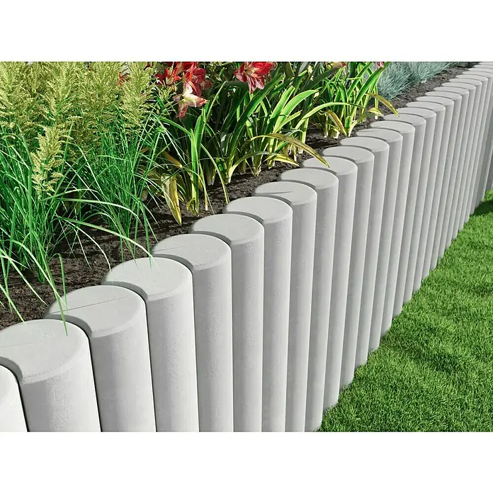 Diephaus Rundpalisade - 20 x 150 cm, Grau, Beton - Die dekorative Rasenkante aus Betonsteinen im Garten mit Blumenbeeten und saftigem Grün.