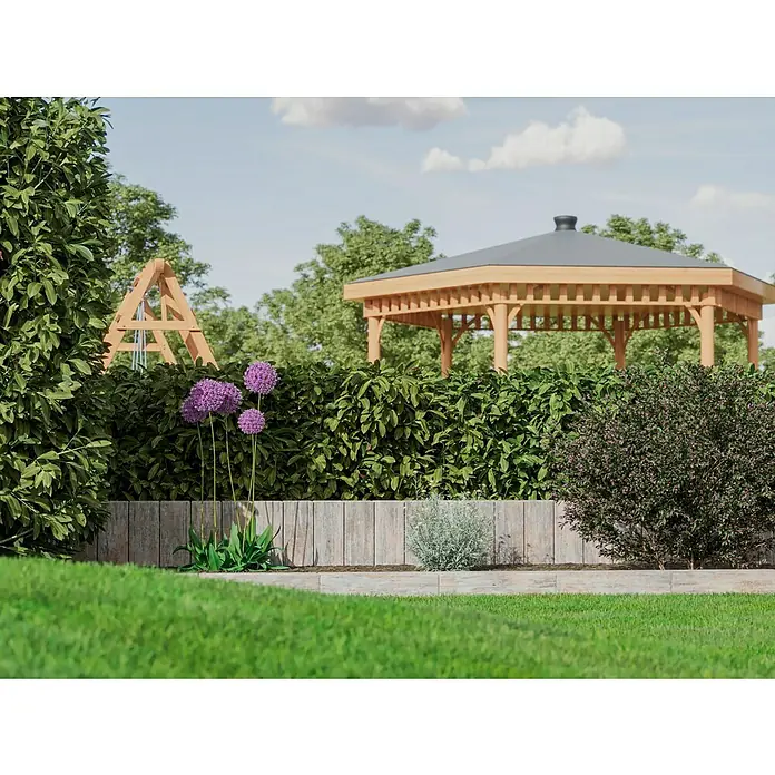 Diephaus Palisade / Mauerstein Laredo Meso - 40 x 12,5 x 12,5 cm, Muschelkalk, Beton - Eine malerische Gartenszene mit einem hölzernen Gartenhaus und einer blühenden Blumenrabatte im Vordergrund.