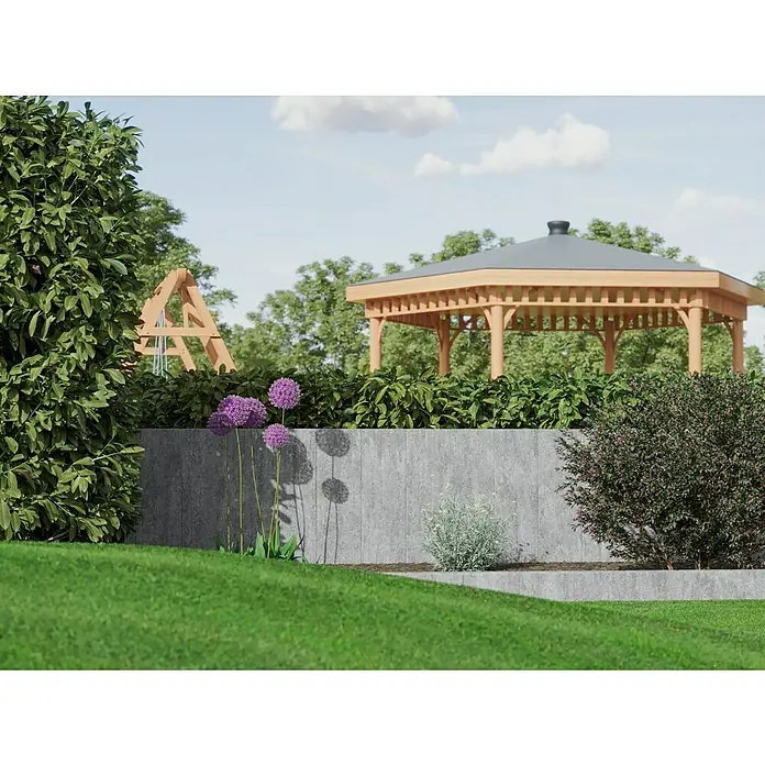 Diephaus Palisade Niles - 90 x 20 x 8 cm, Granit, Beton - Ein Pavillon mit Holzrahmen steht in einem Garten hinter einer Mauer, umgeben von üppigem Grün.