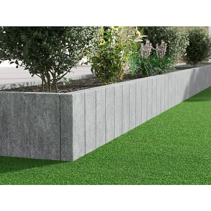 Diephaus Palisade Niles - 60 x 20 x 8 cm, Granit, Beton - Hochbeet aus Betonelementen, bepflanzt mit Büschen und Blumen. Das Hochbeet ist modern und passt gut in den Garten.