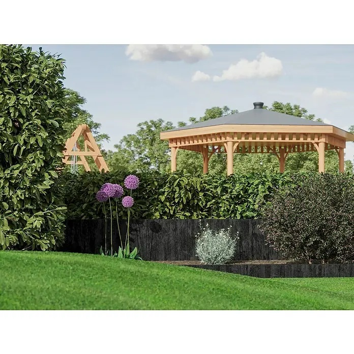 Diephaus Palisade Niles - 120 x 20 x 8 cm, Basalt, Beton - Ein Gartenbereich mit Allium-Blumen und einem Holzpavillon bietet eine ruhige und attraktive Außenanlage.