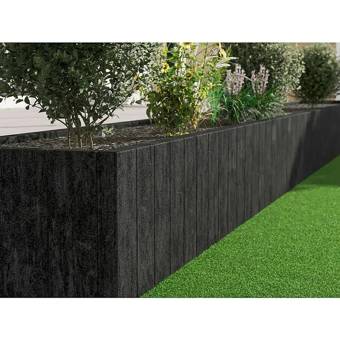 Diephaus Palisade Niles - 90 x 20 x 8 cm, Basalt, Beton - Langer, dunkler Pflanzkasten aus Holz mit verschiedenen Pflanzen darauf, ideal für Garten, Terrasse oder Balkon.