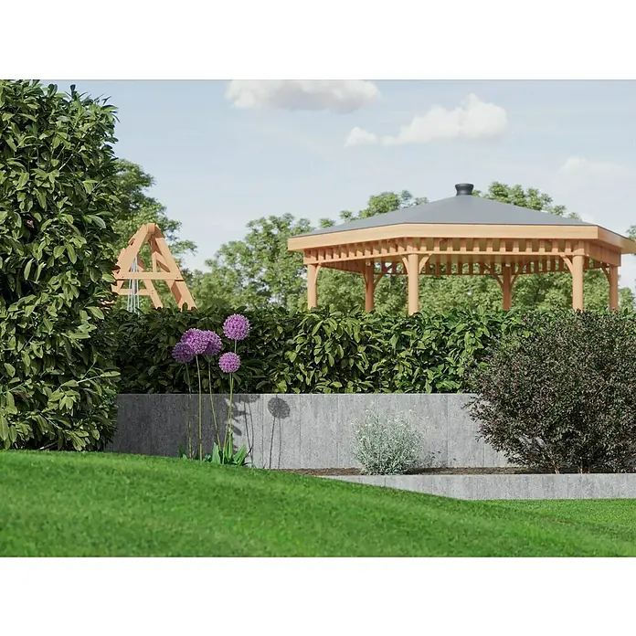 Diephaus Palisade Niles - 120 x 20 x 8 cm, Granit, Beton - Ein Garten mit einem hölzernen Pavillon, umgeben von üppigem Grün, blühenden Blumen und einer gepflegten Rasenfläche.