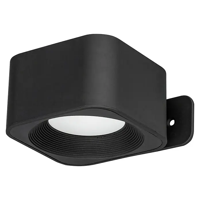 Lavida Akku-Wandleuchte Mirano - L x B x H: 9,25 x 7,65 x 4,5 cm, 2 W, Schwarz, Mehrfarbig, Eckig - Nahaufnahme einer schwarzen LED-Wandleuchte mit quadratischer Form und geriffelter Blende, die ein helles, fokussiertes Licht ausstrahlt.
