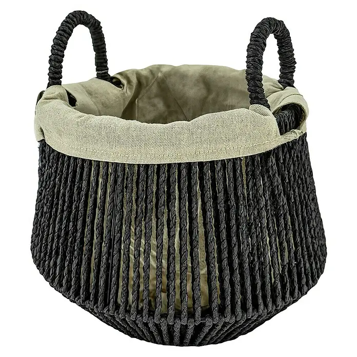 Korb Papiergeflecht - Ø x H: 29 x 23 cm, Schwarz - Schwarzer Korb mit zwei Griffen und Stoffeinsatz, ideal zur Aufbewahrung von Gegenständen oder als dekoratives Element.