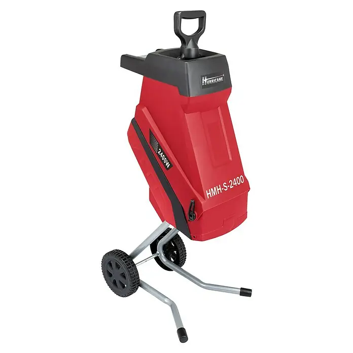 Hurricane Elektro-Messerhäcksler HMH-S-2400 - Max. Aststärke: 4,5 cm, 2.400 W - Der Hurricane HMH-S-2400 Gartenhäcksler mit Rädern ist rot und schwarz.