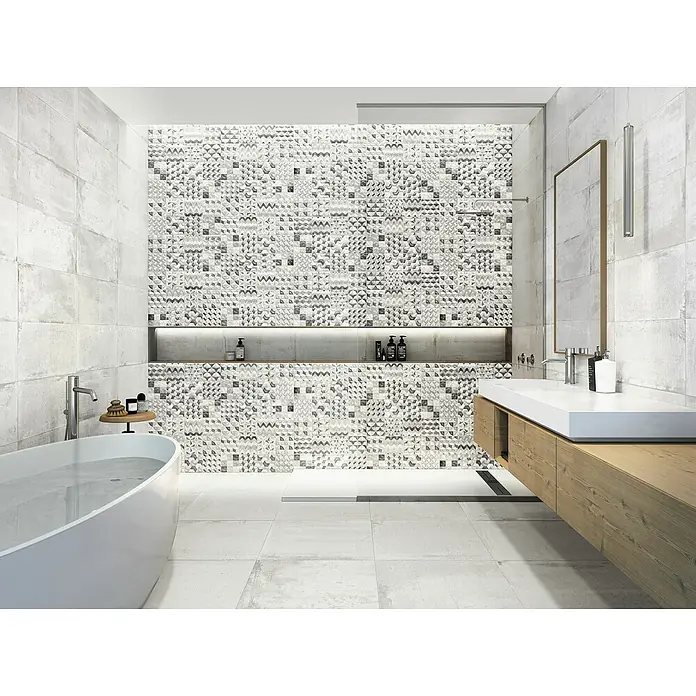 Feinsteinzeugfliese Bond White - 60 x 60 cm, Weiß, Matt - Badezimmer mit einer freistehenden Badewanne und einer Waschtischkonsole aus Holz mit einer weißen Arbeitsplatte und Fliesen in Grau und Weiß.