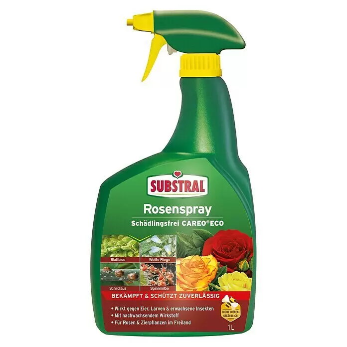 Substral Schädlingsfrei Rosenspray Careo Eco - 1 l - Grüne Sprühflasche mit gelbem Abzug und Etikett für 'SUBSTRAL Rosenspray Schädlingsfrei CAREO®ECO', ein Pflanzenschutzmittel für Rosen.