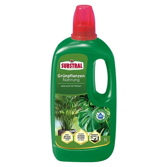 Substral Grünpflanzendünger -  - Bild einer Flasche Substral Grünpflanzen Nahrung, ideal für Zimmerpflanzen und Palmen, die bis zu 44 Pflanzen ein Jahr lang düngt.