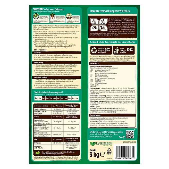 Substral Naturen Bio-Universaldünger Grünkorn - 3 kg, Max. Anwendungsfläche: 120 m² - SUBSTRAL Naturen Grünkorn Universaldünger für Gartenpflanzen & Rasen. Organisch-mineralischer Volldünger für Hobby- & Gartenbereich.