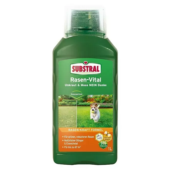 Substral Rasendünger Rasen-Vital - 1 ml, Max. Anwendungsfläche: 67 m² - Grüne SUBSTRAL Rasen-Vital Flüssigkonzentratflasche für robusten, bienenfreundlichen Rasen. Natürlicher Dünger, Eisenchelat, für bis zu 67 m².
