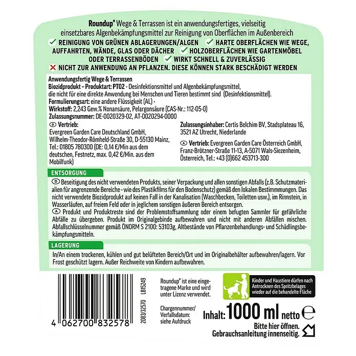 Roundup Algen- & Grünbelagsentferner Oberflächenreiniger - 1 l - Roundup Wege & Terrassen Algenbekämpfungsmittel: vielseitig einsetzbar zur Reinigung von Oberflächen im Außenbereich.