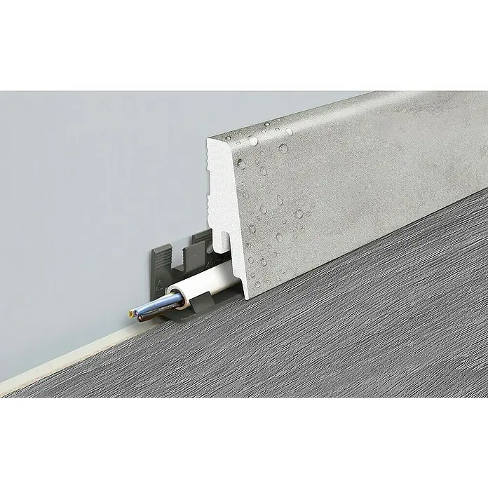 LOGOCLIC Sockelleiste Element Pro K58 C - 240 cm x 18 mm x 58 mm, Sharky Tile - Graue Fußleiste mit integrierter Kabelführung und Wasserabweisender Oberfläche für moderne Innenräume.