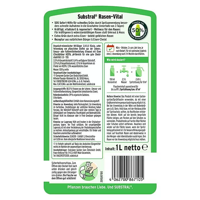 Substral Rasendünger Rasen-Vital - 1 ml, Max. Anwendungsfläche: 67 m² - Grüne Flasche Substral Rasen-Vital Rasendünger mit detaillierten Produktinformationen und Gebrauchsanweisung.