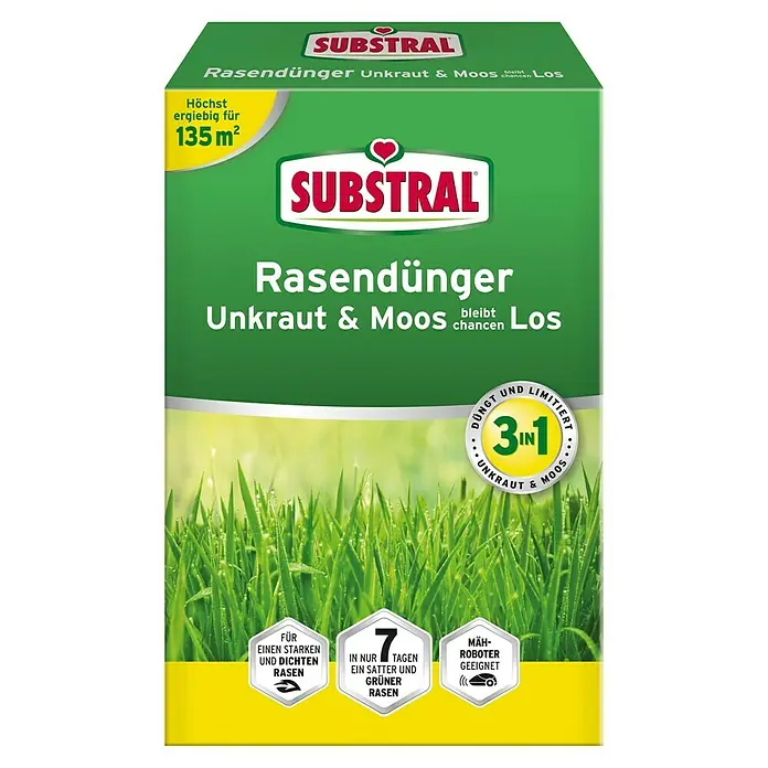 Substral Rasendünger UNKRAUT & MOOS bleibt chancenLOS - 4 kg, Max. Anwendungsfläche: 135 m² - Bild einer Packung Substral Rasendünger, die für die Beseitigung von Unkraut und Moos im Rasen und für Mähroboter geeignet ist.