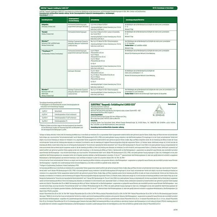 Substral Schädlingsfrei Careo Eco RaupenEx - Gesamtstückzahl: 8 Stk. - Produktetikett für SUBSTRAL® RaupenEx CAREO ECO® Pestizid, mit Anwendungsanweisungen und Zulassungsinformationen.