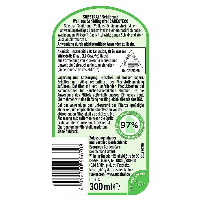 Substral Schädlingsfrei Schild- und Wolllausfrei Careo Eco - 300 ml - Grünes Etikett für SUBSTRAL Schild- und Wolllaus Schädlingsfrei CAREO ECO mit 300 ml Inhalt und 97% Recyclinganteil.