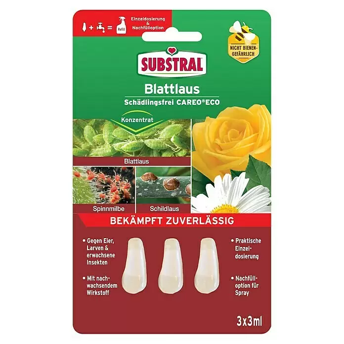 Substral Schädlingsfrei Careo Eco Blattlaus - 3 Stk. - Verpackung für Substral Blattlaus Schädlingsfrei Konzentrat. Enthält 3x3ml Einzeldosis-Ampullen zum Nachfüllen, wirksam gegen Schädlinge, nicht bienengefährlich.
