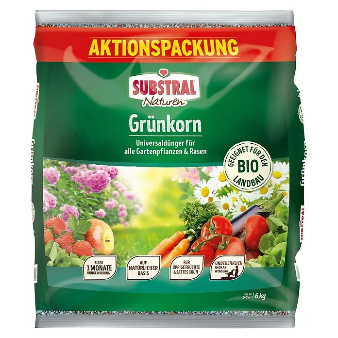 Substral Naturen Bio-Universaldünger Grünkorn - 6 kg, Max. Anwendungsfläche: 240 m² - Produktbild einer Aktionspackung Substral Naturén Grünkorn Universaldünger für alle Gartenpflanzen und Rasen.