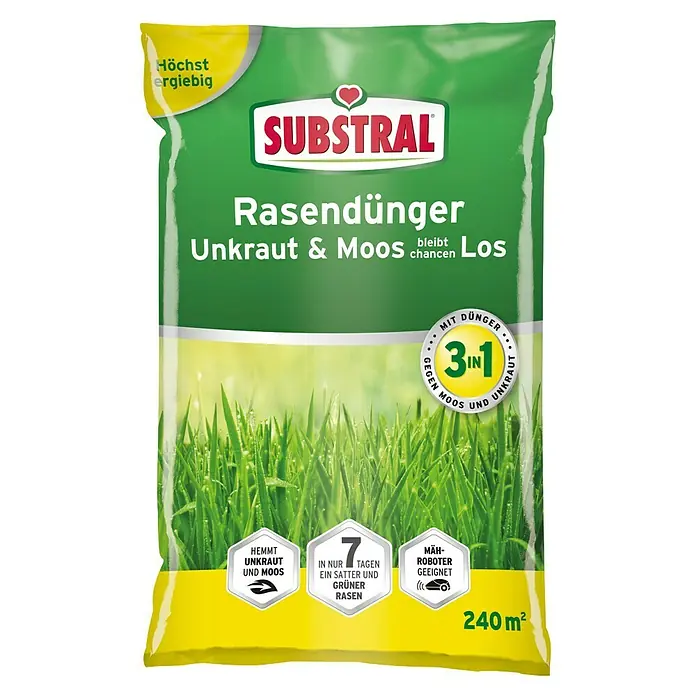 Substral Rasendünger UNKRAUT & MOOS bleibt chancenLOS - 7,2 kg, Max. Anwendungsfläche: 240 m² - Rasendünger von Substral, ein 3-in-1 Produkt gegen Unkraut und Moos. Es verspricht höchste Ergiebigkeit und ist für Mähroboter geeignet.