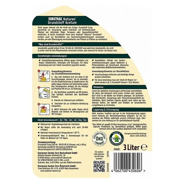 Substral Naturen Grundstoff - 3 l, Sprühflasche - Produktetikett für Substral Naturen Grundstoff Acetum, ein Essig-basiertes Unkrautbekämpfungsmittel mit Anwendungshinweisen und Sicherheitsinformationen.