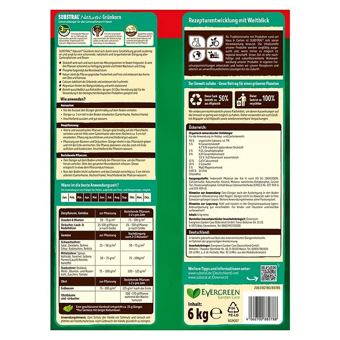 Substral Naturen Bio-Universaldünger Grünkorn - 6 kg, Max. Anwendungsfläche: 240 m² - SUBSTRAL Naturen Grünkorn: Universaldünger für Gartenpflanzen und Rasen. Fördert Wachstum und verbessert die Fruchtreife mit organischen Inhaltsstoffen.