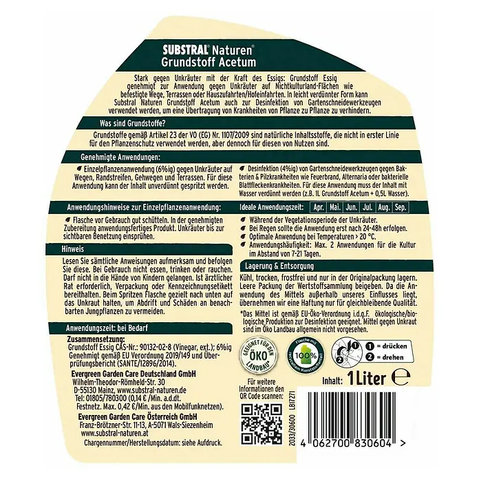 Substral Naturen Grundstoff - 1 l, Pumpspray - Etikett des Substral Naturen Grundstoff Acetum Produkts, einem Unkrautvernichter mit Essig, geeignet für verschiedene Oberflächen und Werkzeuge.