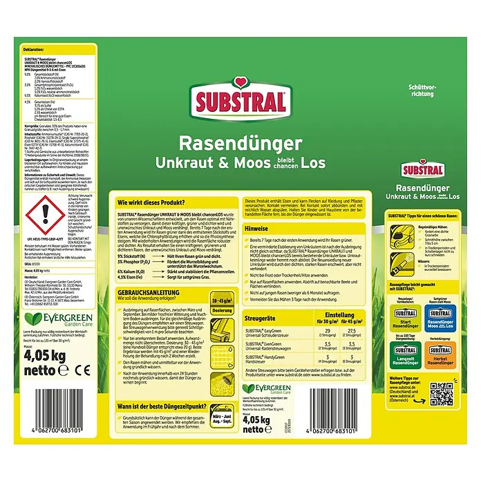 Substral Rasendünger UNKRAUT & MOOS bleibt chancenLOS - 4 kg, Max. Anwendungsfläche: 135 m² - SUBSTRAL Rasendünger Unkraut & Moos 4,05 kg: Das Produkt bekämpft Unkraut und Moos, während es den Rasen nährt und stärkt.