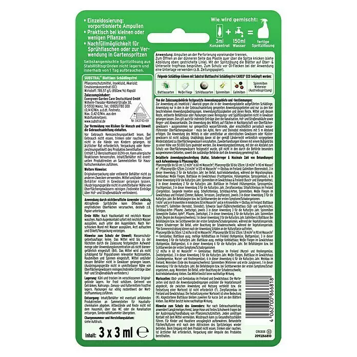 Substral Schädlingsfrei Careo Eco Blattlaus - 3 Stk. - Grünes und weißes Produktetikett für SUBSTRAL Blattlaus Schädlingsfrei, mit Texten und Piktogrammen zur Anwendung.