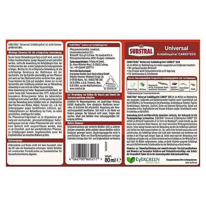Substral Schädlingsfrei Careo Eco Universal - 80 ml - Etikett für Substral Universal Schädlingsfrei CAREO ECO, ein Pflanzeninsektizid, mit Inhaltsstoffen, Anwendungshinweisen, Sicherheitshinweisen, Barcode und 80 ml Volumen.