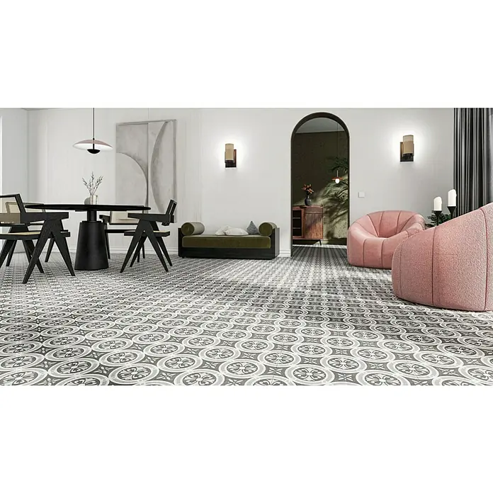 Feinsteinzeugfliese Vintage Classic - 25 x 25 cm, Schwarz/Grau/Weiß, Matt - Elegantes Interieur mit dekorativen Bodenfliesen. Das Muster der Fliesen verleiht dem Raum einen stilvollen und klassischen Look.