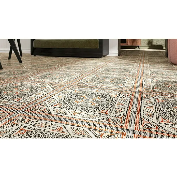 Steingutfliese Colonial - 45 x 45 cm, Beige, Glänzend - Detailaufnahme des kunstvollen Bodenbelags mit geometrischen Mustern und warmen Farbtönen, der dem Raum einen Hauch von Eleganz verleiht.