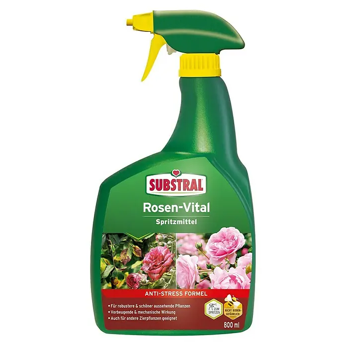 Substral Rosendünger Rosen-Vital - 800 ml - Eine Sprühflasche Substral Rosen-Vital, ein Spritzmittel für Rosen, mit gelbem Sprühkopf und grüner Flasche.