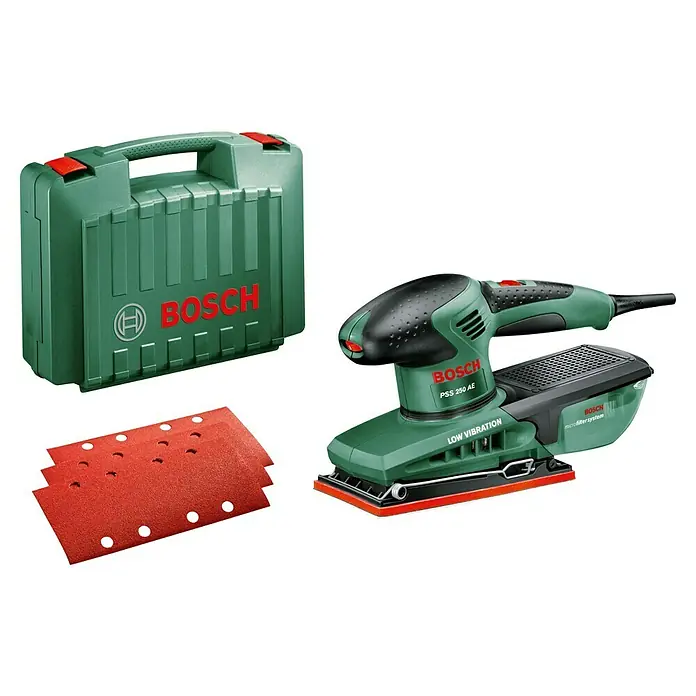 Bosch Elektro-Schwingschleifer PSS 250 AE - 250 W, Leerlaufschwingzahl: 14.000 U/min - 24.000 U/min - Bosch PSS 250 AE Schwingschleifer-Set mit Zubehör und Koffer. Ideal für präzise Schleifarbeiten mit geringen Vibrationen.