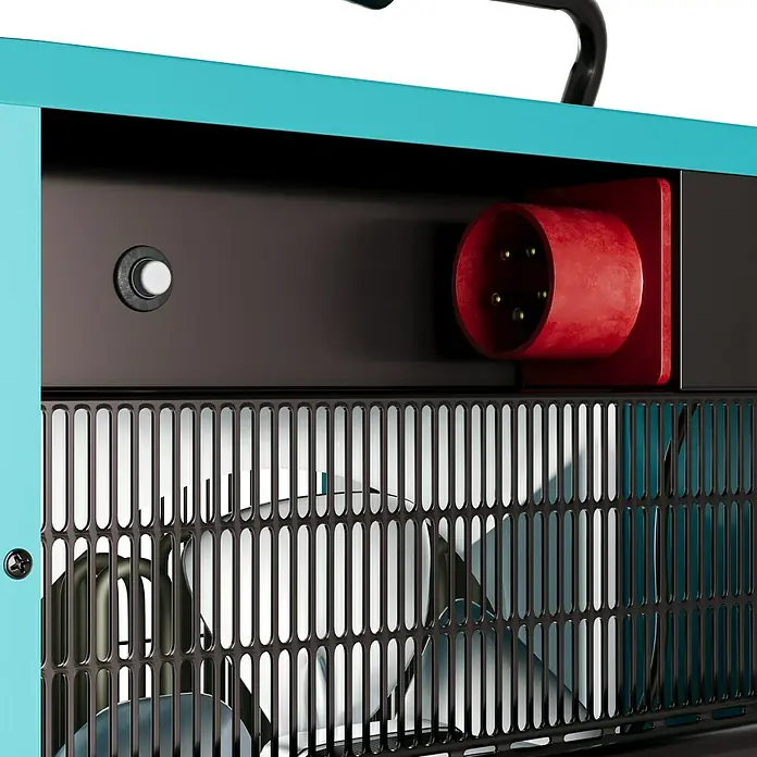 Voltomat HEATING Bauheizer - 15.000 W, Nennspannung: 400 V, Blau, IP24 - Nahaufnahme einer blauen Industrieluftheizung mit rotem Stecker und schwarzem Lüftungsgitter.