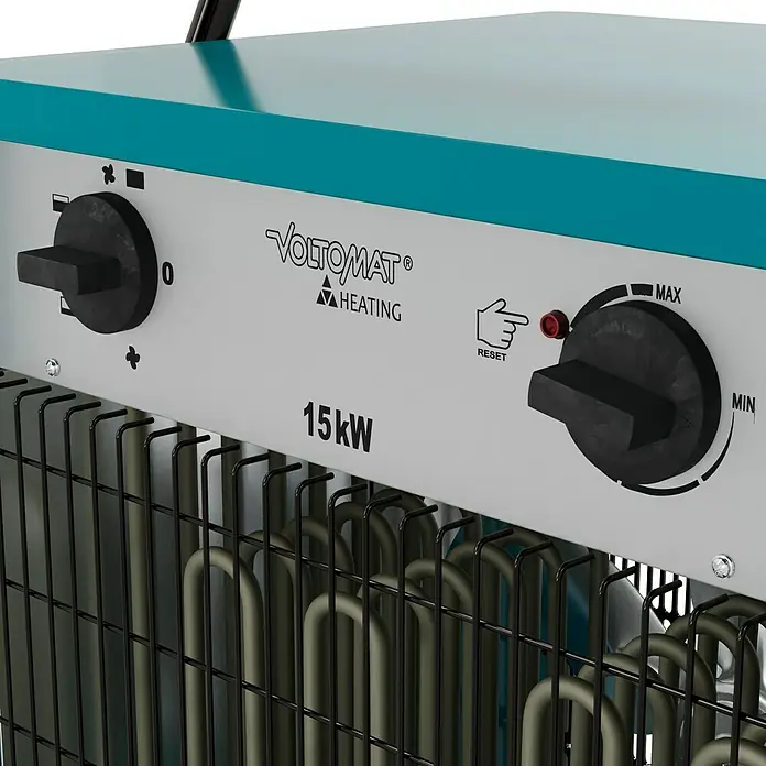 Voltomat HEATING Bauheizer - 15.000 W, Nennspannung: 400 V, Blau, IP24 - Bild eines VOLTOMAT® Heizgeräts mit Bedienelementen und 15kW Leistung, ideal für die schnelle und effektive Beheizung von Räumen.