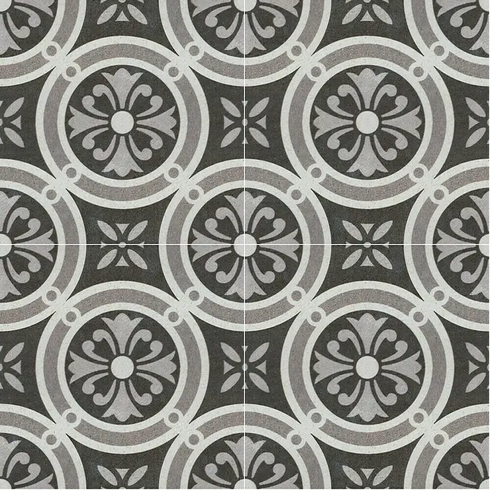 Feinsteinzeugfliese Vintage Classic - 25 x 25 cm, Schwarz/Grau/Weiß, Matt - Elegantes Fliesenmuster mit floralen Ornamenten und Kreisen in Grau- und Weißtönen, ideal für stilvolle Innenräume.