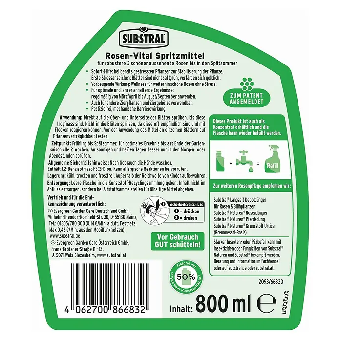 Substral Rosendünger Rosen-Vital - 800 ml - Bild einer Rückansicht einer Flasche Substral Rosen-Vital Spritzmittel, einem Produkt zur Stärkung und zum Schutz von Rosen.