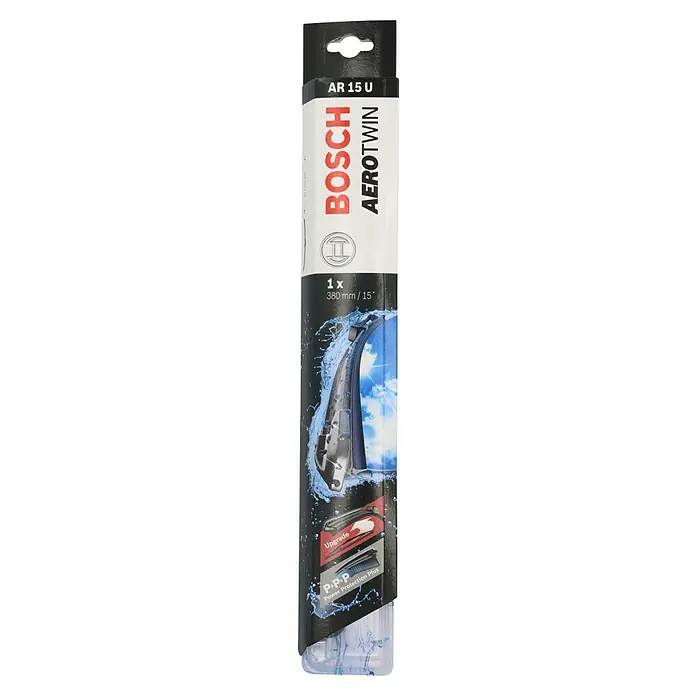 Bosch Scheibenwischer AEROTWIN - AR15U, Anzahl: 1 Stk. - Die Verpackung eines Bosch Aerotwin AR 15 U Scheibenwischers, der für klare Sicht bei jedem Wetter sorgt, mit einer Länge von 380mm/15 Zoll.