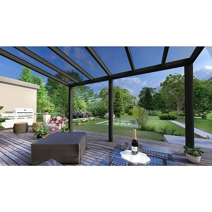 Gardendreams Terrassenüberdachung Legend Sonderedition - B x T: 400 x 300 cm, Anthrazitgrau Struktur, Verbundsicherheitsglas (VSG), Klar - Elegante Terrassenüberdachung mit stilvollem Design, die den Außenbereich aufwertet und Schutz vor Wettereinflüssen bietet.