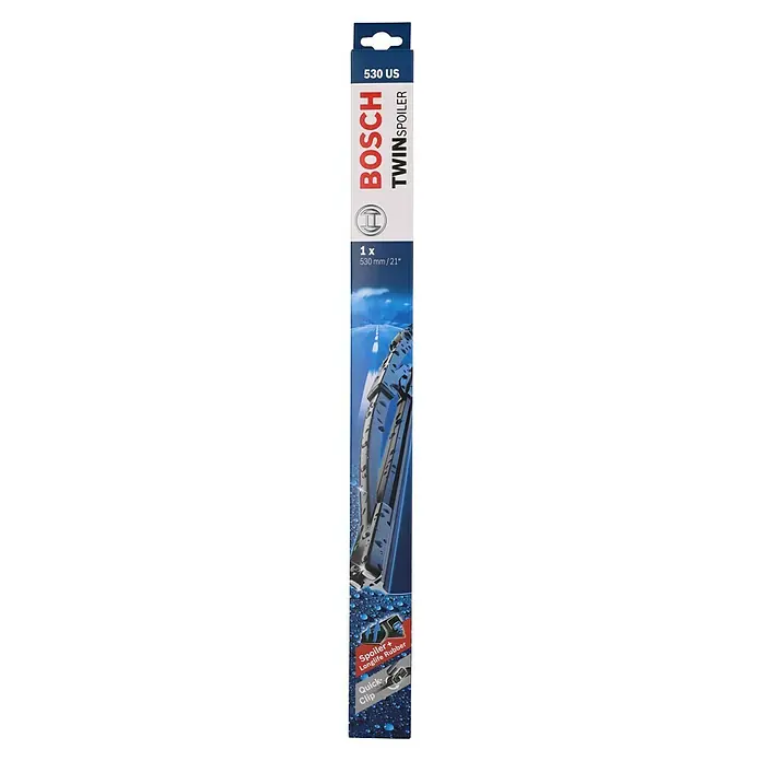 Bosch Scheibenwischer TWIN - 530 US, Anzahl: 1 Stk. - Produktverpackung für einen Bosch Twin Spoiler Scheibenwischer, 530 mm/21 Zoll, mit Quick Clip und Spoiler für längere Lebensdauer des Gummis.